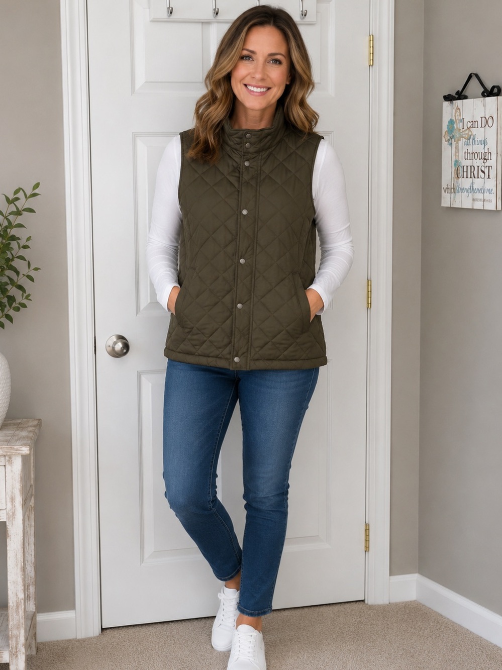 Izod Olive Quilted Snap-Front Vest Size XL